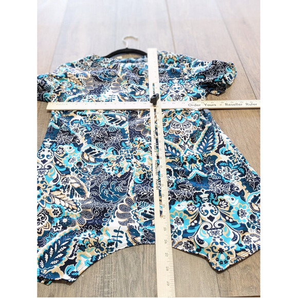 PerSeption Concepts Top Womens Small Blue Print Short Flutter Sleeve Stretch - Picture 6 of 10